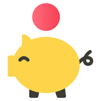 Illustration of a cute yellow piggy bank with a curly tail, smiling with a red coin dropping into it.